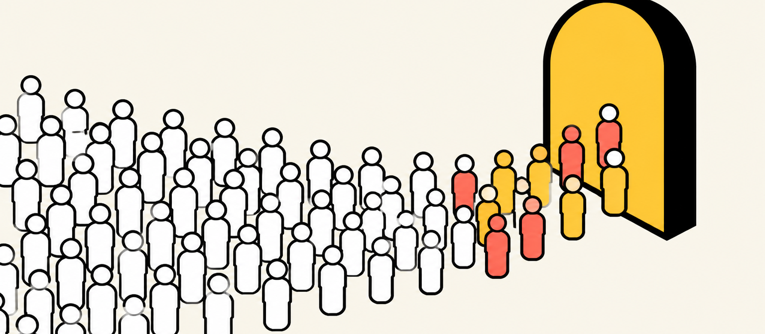 Illustration: a crowd of simple figures converging on a single marigold archway