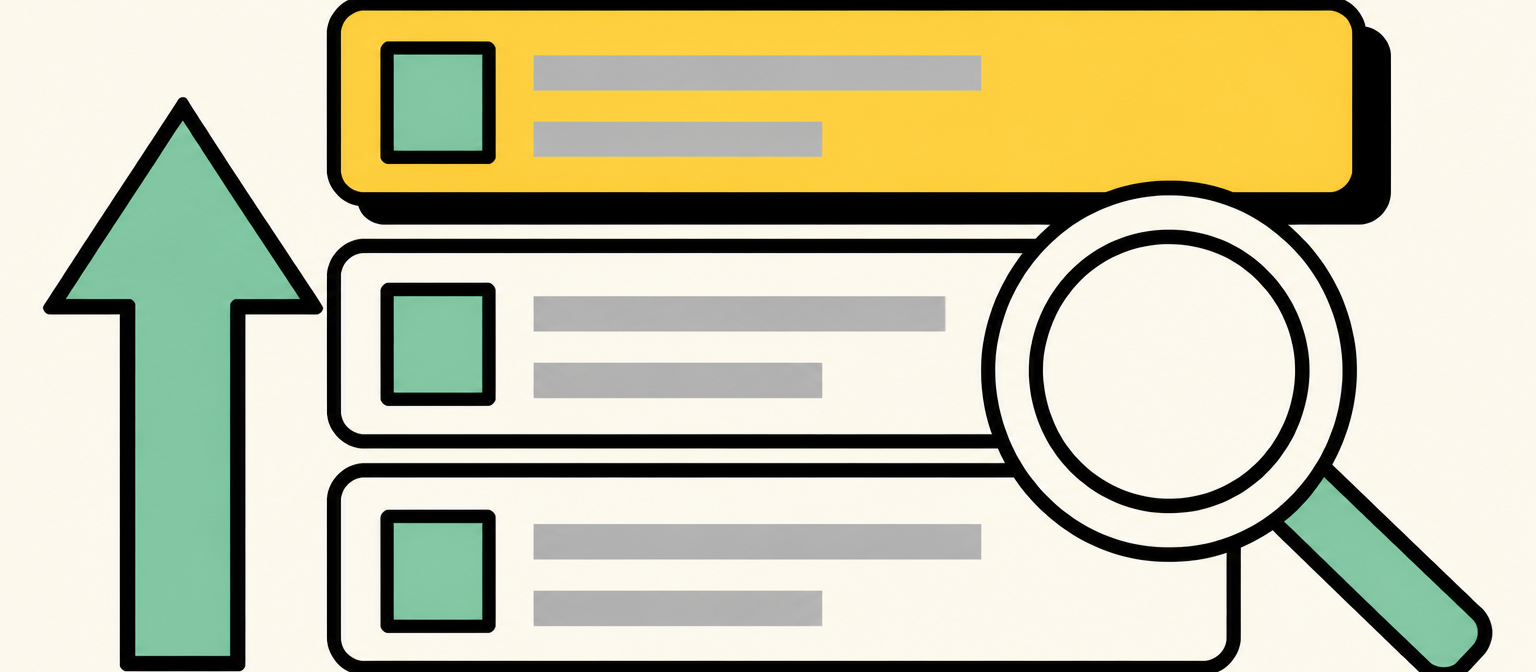 Illustration: a stack of search result rows with the top one highlighted in marigold, beside a magnifying glass and a rising arrow