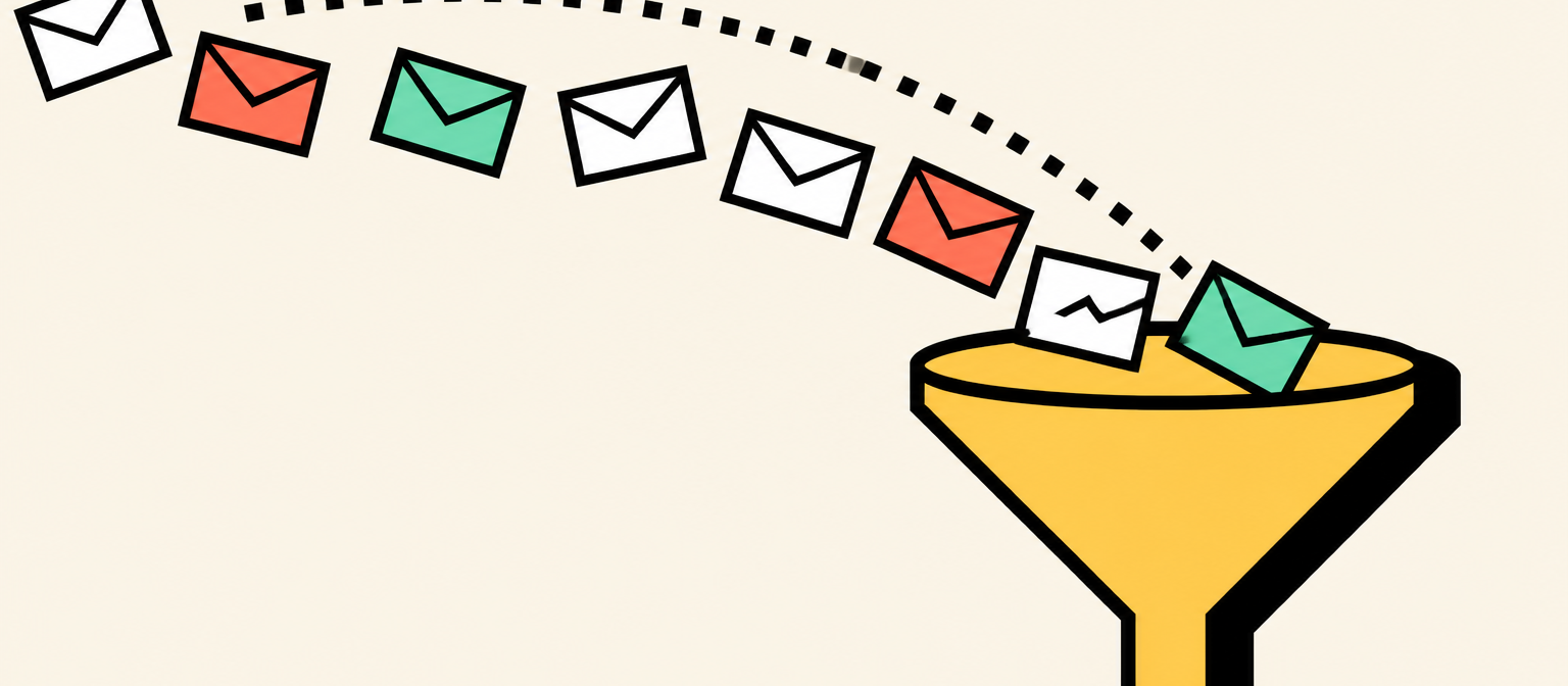 Illustration: a stream of envelopes arcing along a dotted path into a marigold funnel