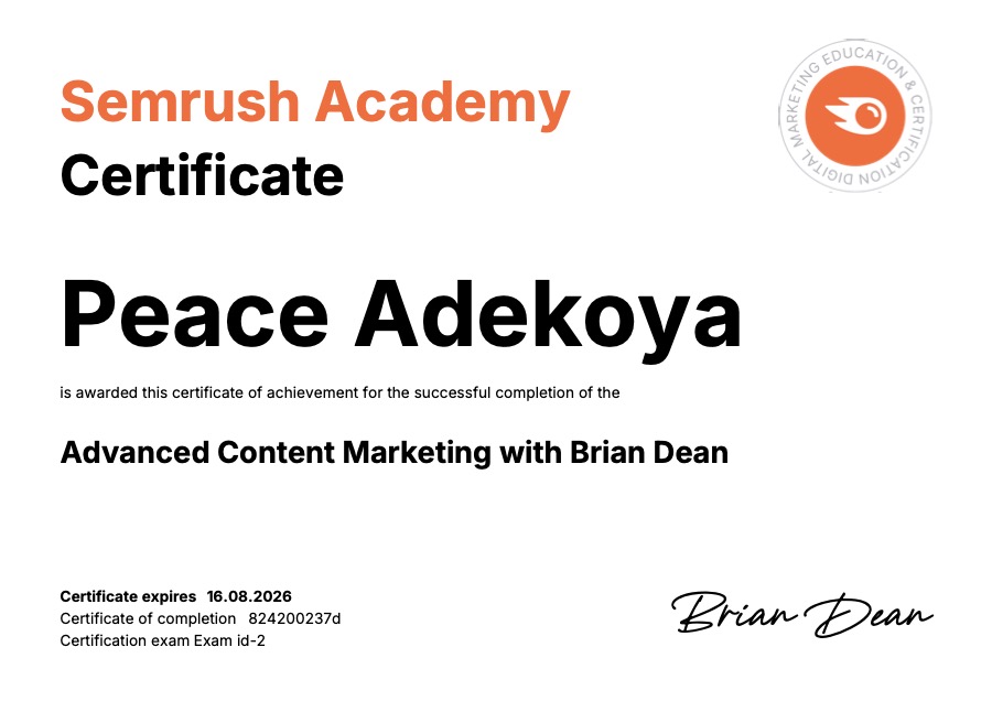 Advanced Content Marketing certificate awarded to Peace Adekoya