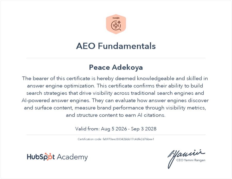 AEO Fundamentals certificate awarded to Peace Adekoya