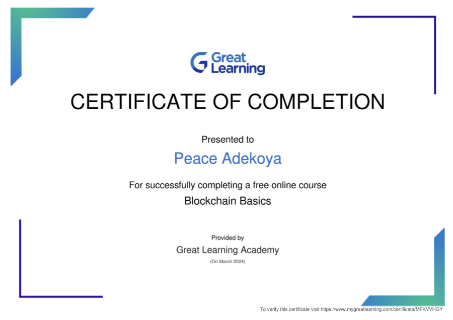 Blockchain Basics certificate awarded to Peace Adekoya