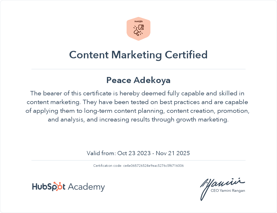 Content Marketing certificate awarded to Peace Adekoya