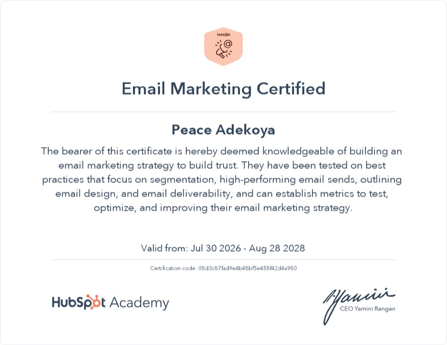 Email Marketing certificate awarded to Peace Adekoya