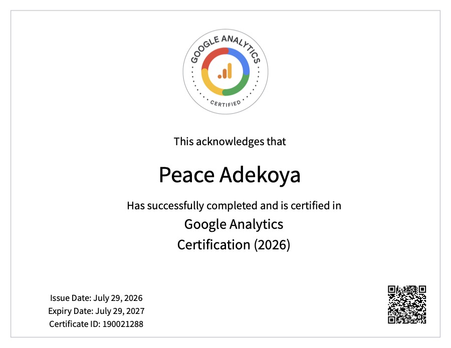 Google Analytics certificate awarded to Peace Adekoya