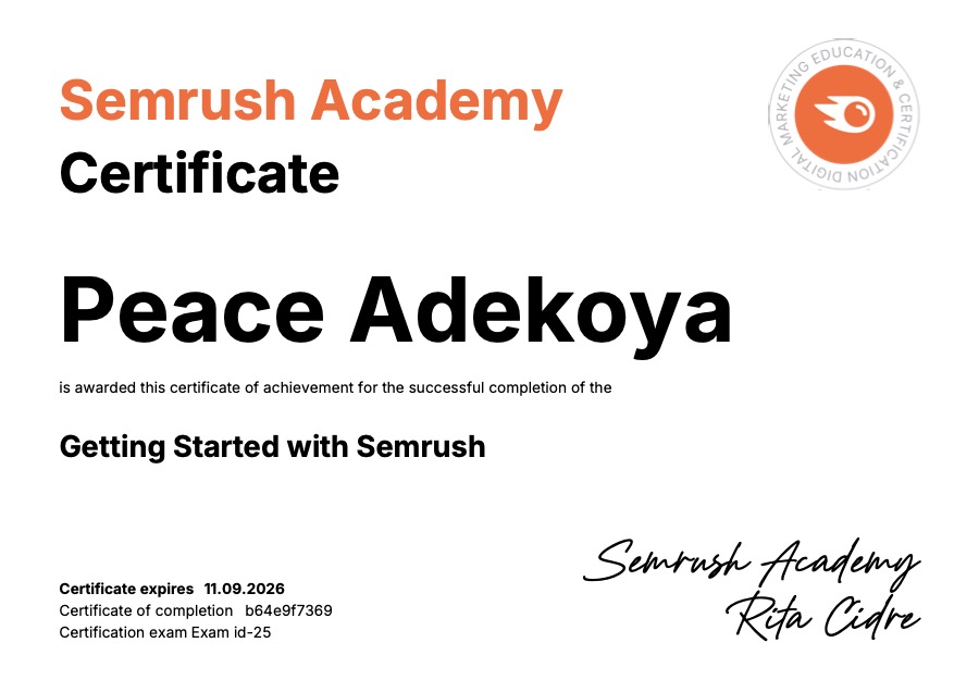 Getting Started with Semrush certificate awarded to Peace Adekoya