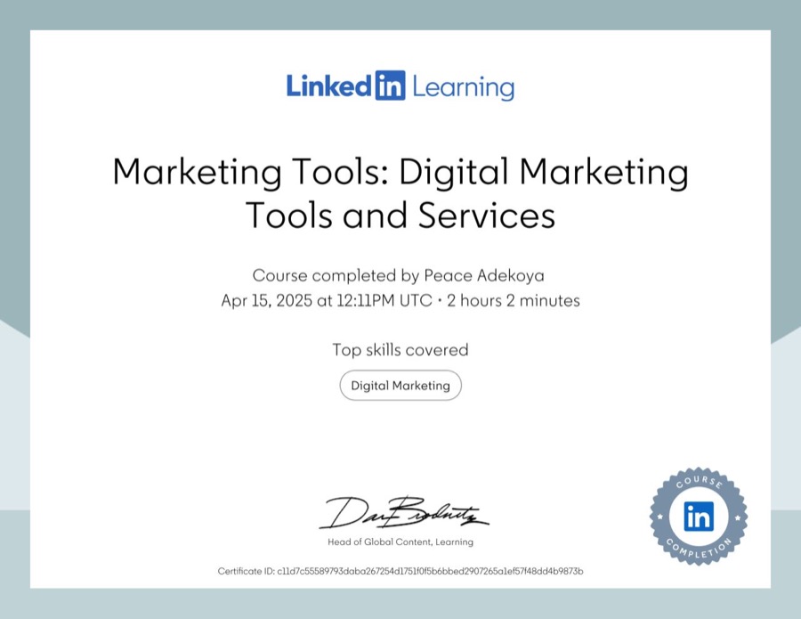 Marketing Tools certificate awarded to Peace Adekoya