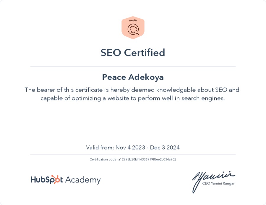 SEO certificate awarded to Peace Adekoya